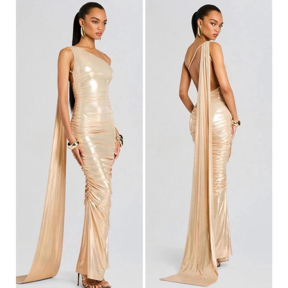 Stunning $798 Retrofete Shannon Dress Latte Gold Lame Cape Designer Dress S/4